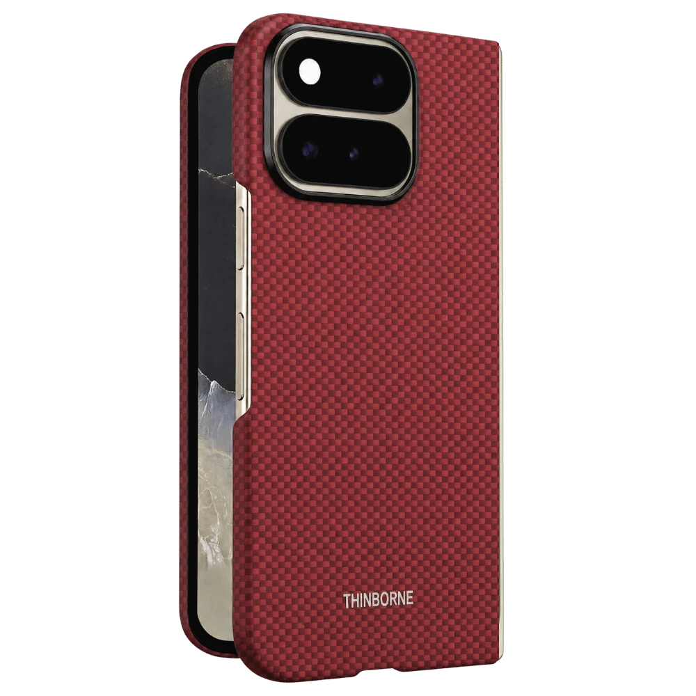 Crimson checkered aramid fiber Pixel 11 Pro Fold Case, thin split foldable phone cover with THINBORNE logo, precise camera cutout for Google Pixel 11 Pro Fold