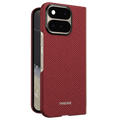 Crimson checkered aramid fiber Pixel 11 Pro Fold Case, thin split foldable phone cover with THINBORNE logo, precise camera cutout for Google Pixel 11 Pro Fold
