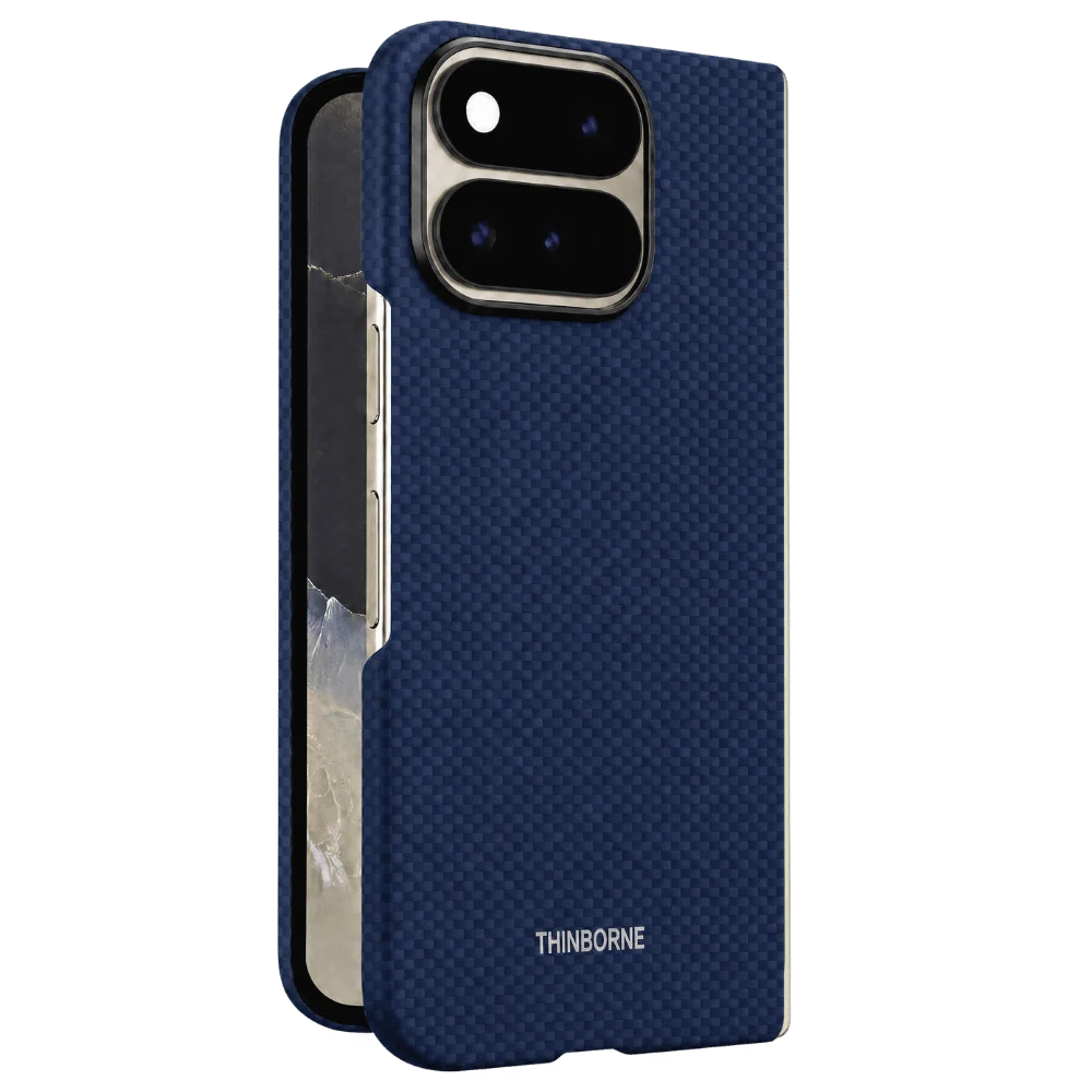 Navy blue grid texture Pixel 11 Pro Fold Case, lightweight foldable aramid fiber hard case, side button cutouts, THINBORNE fold phone shell