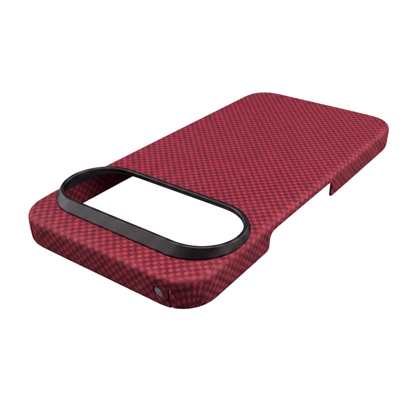 Angled 3D shot of crimson Pixel 11 Pro XL aramid case. Raised metal camera rim, tidy port cutouts, lightweight sturdy woven phone cover.