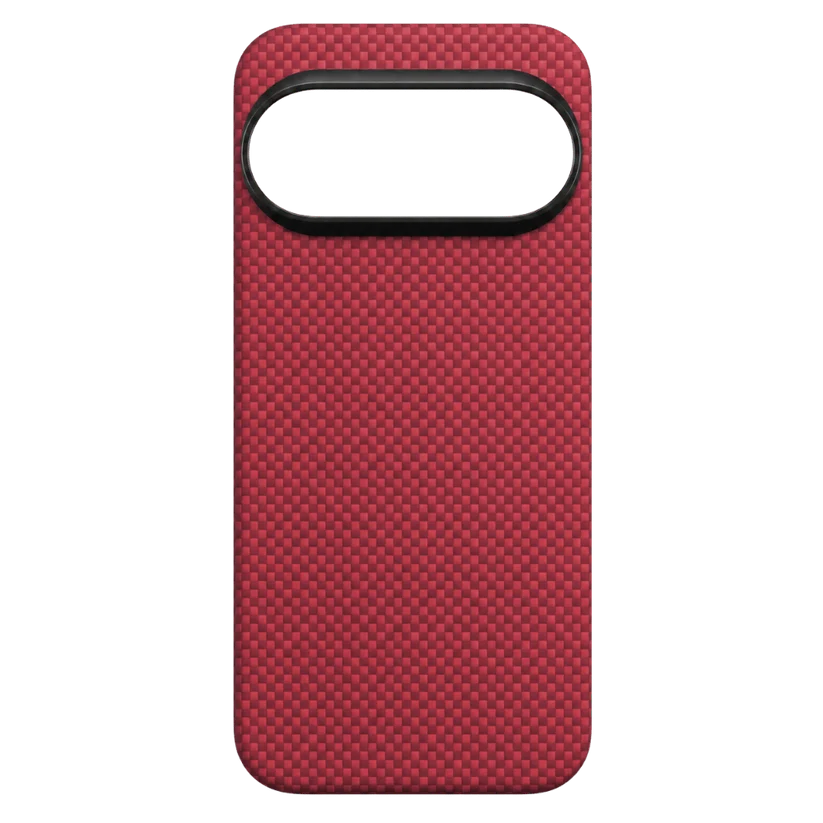 Flat back view of crimson woven Pixel 11 Pro XL Case. Full aramid check texture, large camera cutout, slim hard protective shell for Google Pixel 11 Pro XL.