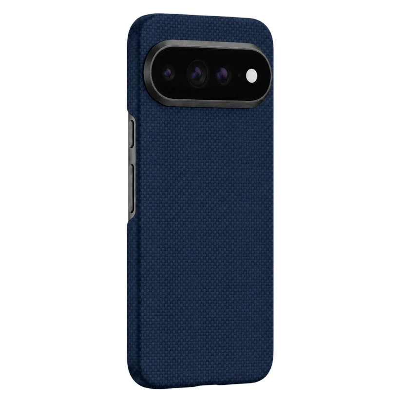 Navy blue grid aramid Pixel 11 Pro XL Case outer side display. Precise camera frame and side button cutouts, matte textured surface anti-slip and anti-fingerprint.