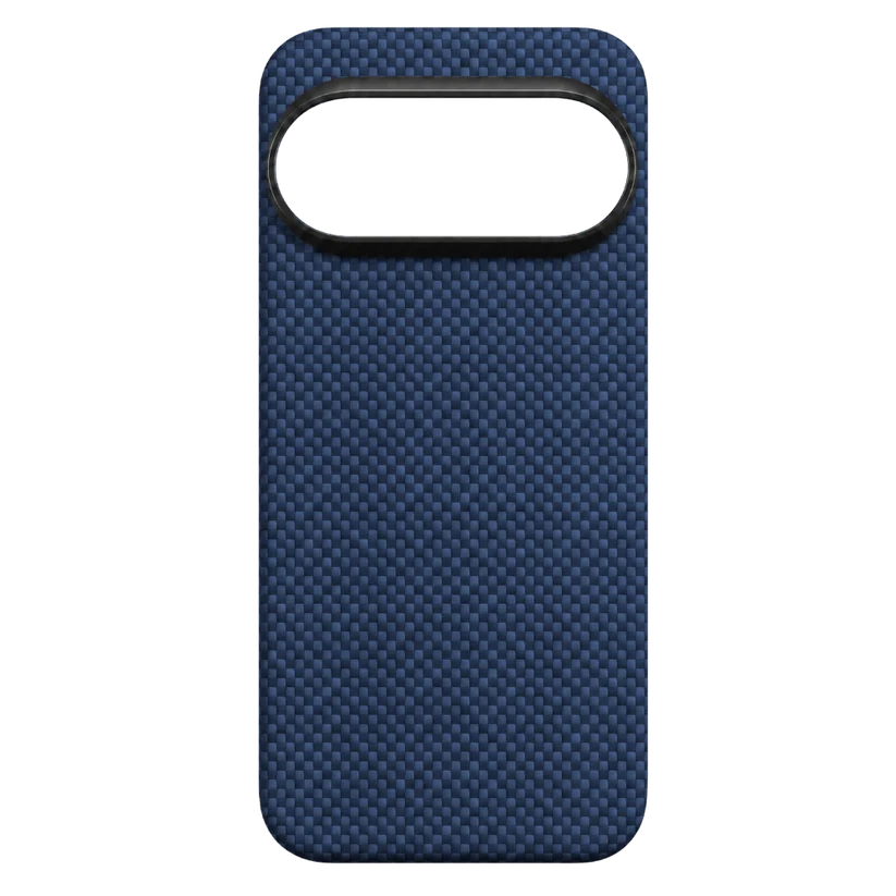 Flat back view of navy woven Pixel 11 Pro XL Case. Full aramid check texture, large camera cutout, slim hard protective shell for Google Pixel 11 Pro XL.