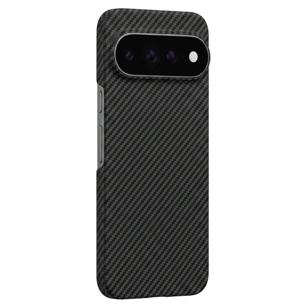 THINBORNE Carbon Fiber Pixel 11 Pro XL Case, back view installed on Google Pixel 11 Pro XL, precise camera cutout, diagonal weave aramid fiber slim hard phone cover