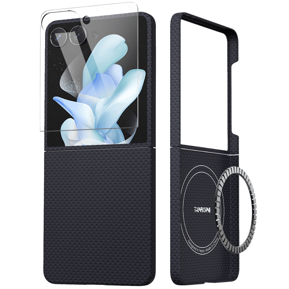 Navy galaxy z flip 7 case shown closed with a screen protector overlay and open to reveal the magnetic ring accessory, on a white background.