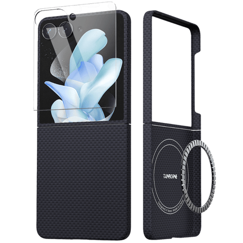 Navy galaxy z flip 7 case shown closed with a screen protector overlay and open to reveal the magnetic ring accessory, on a white background.