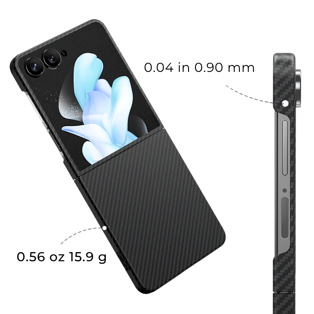 A black carbon-fiber-texture galaxy z flip 7 phone case shown on a foldable smartphone, with measurement callouts reading 0.04 in (0.