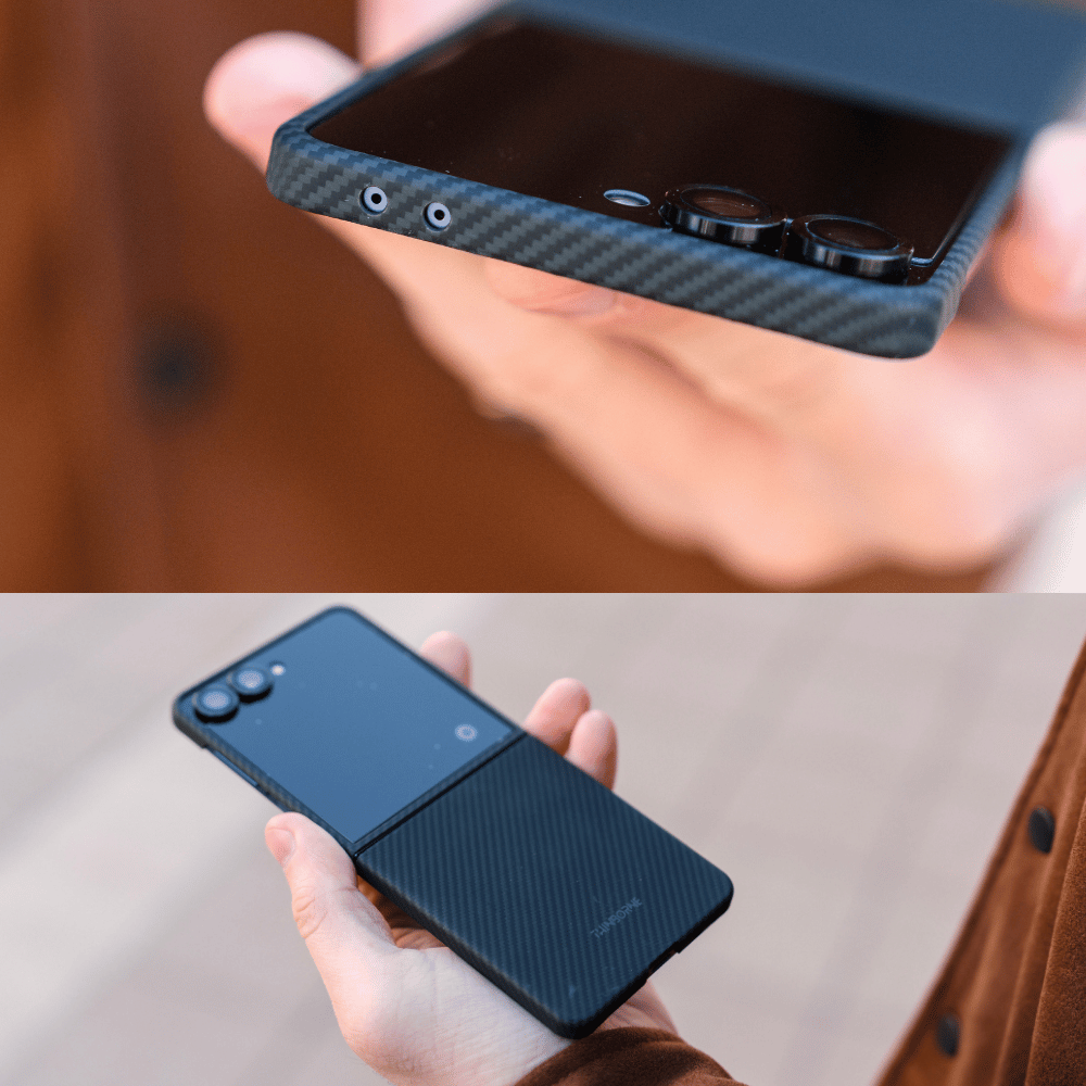A black carbon-fiber-textured galaxy z flip 7 case shown on a smartphone, with two close-up views held in a hand. The top view shows the side of the phone with camera cutouts, and the bottom view shows the back of the phone with the case attached.