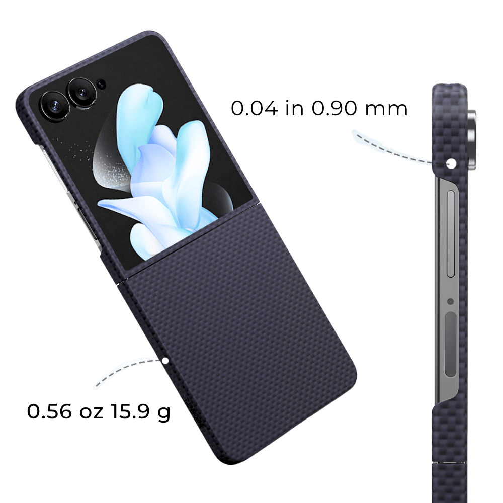 A navy carbon-fiber-textured galaxy z flip 7 phone case shown on a smartphone, with measurement callouts reading 0.04 in (0.