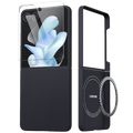 Navy galaxy z flip 8 case shown closed with a screen protector overlay and open to reveal the magnetic ring accessory, on a white background.