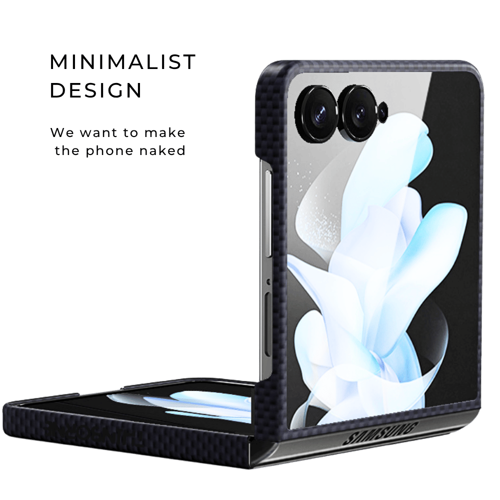 A minimalist galaxy z flip 7 phone case with a carbon-fiber textured edge and a glossy back panel, shown partially open with a smartphone inside. The back panel features a printed white and light blue flower design.