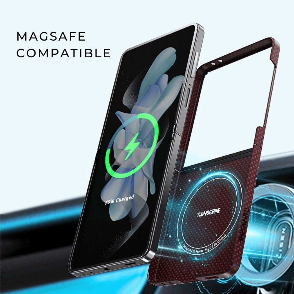 MagSafe compatible render of scarlet red carbon fiber Samsung Galaxy Z Flip 8 foldable phone case, graphic illustration showing built-in magnetic wireless charging ring, car wireless charging scene product feature graphic with light clean background