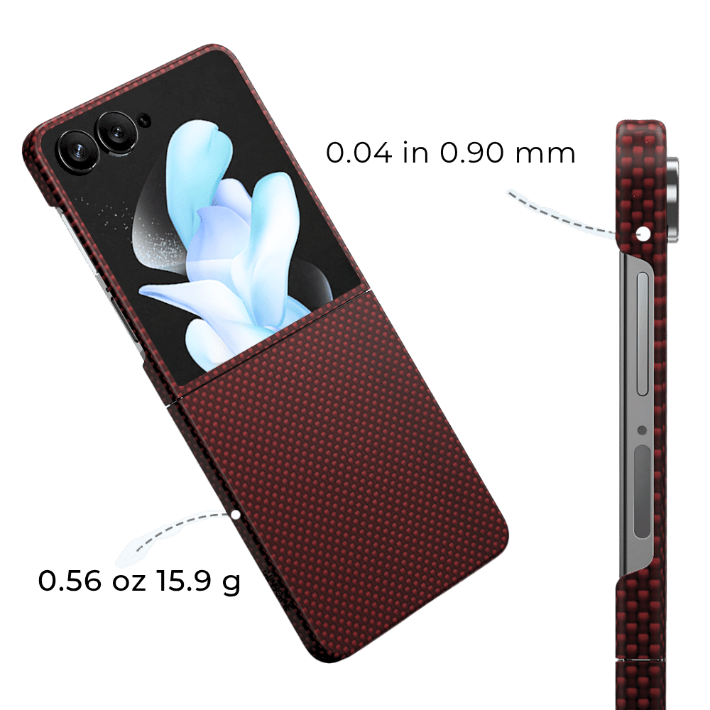 Two-angle product render of scarlet red dot textured Samsung Galaxy Z Flip 8 foldable phone case, slim split flip shell with side frame detail shot