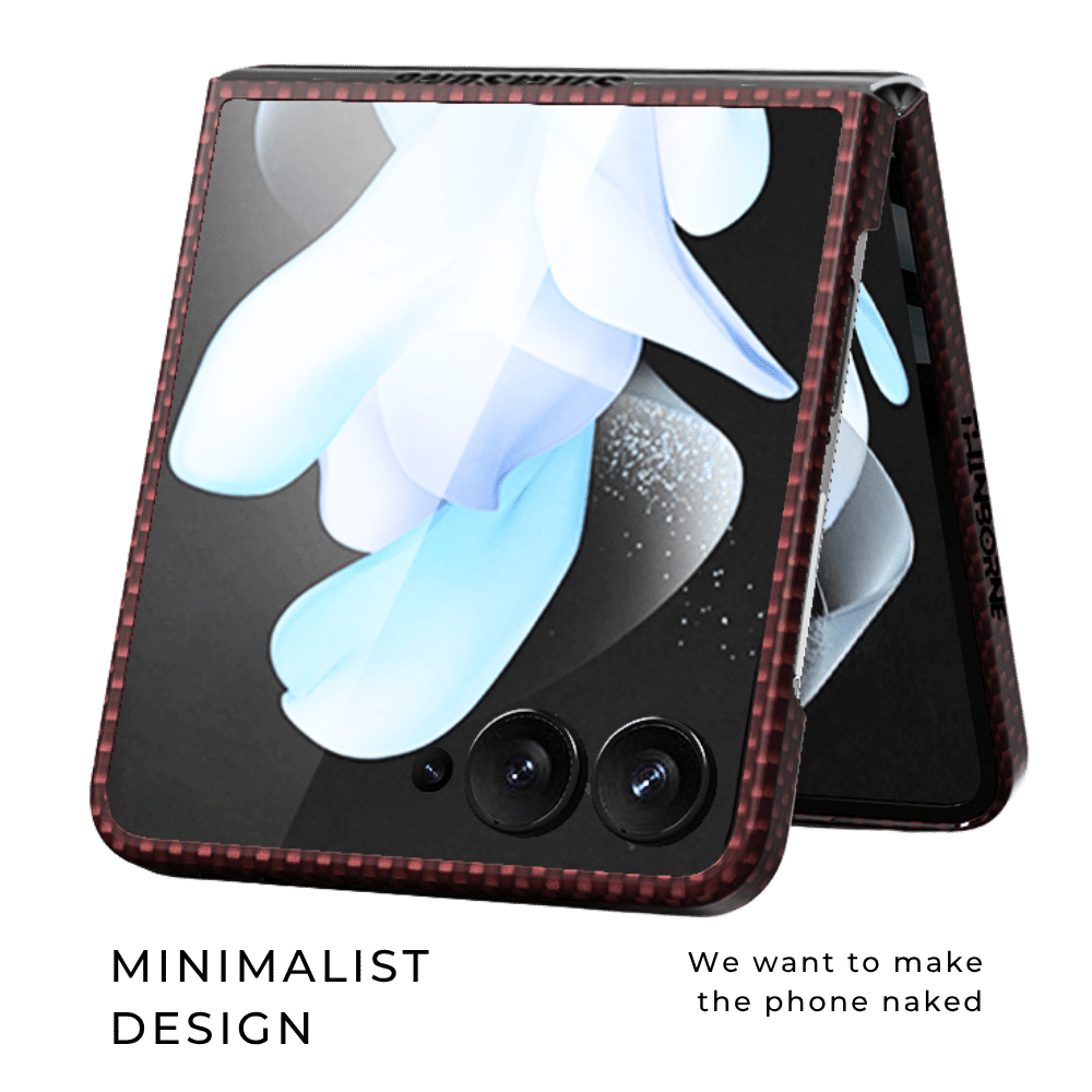 Front view render of scarlet red carbon fiber textured case for Samsung Galaxy Z Flip 8 foldable phone, showing outer small screen and camera lens cutout, flip cellphone shell displayed on transparent checkerboard background