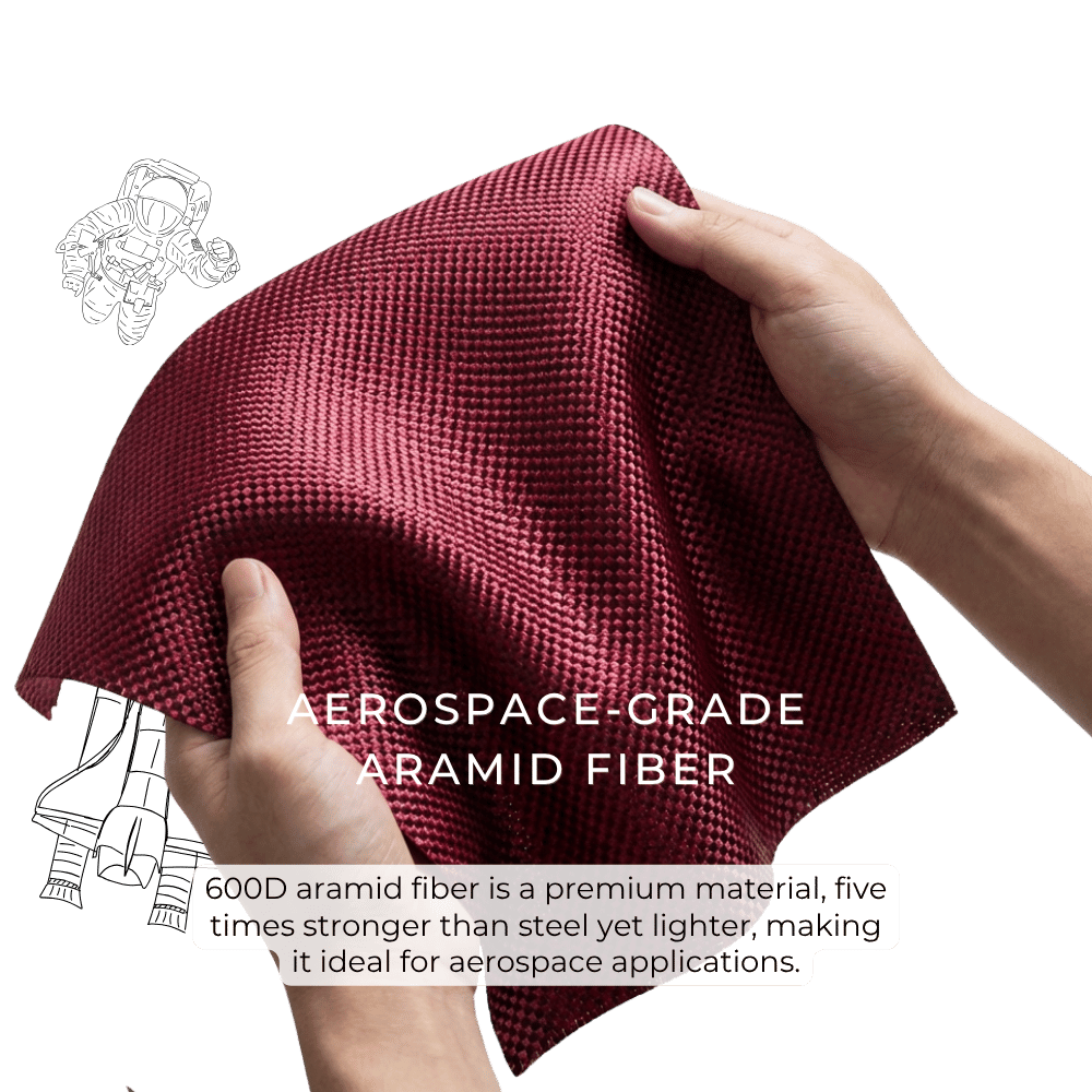 Feature display photo of scarlet red 600D aerospace-grade aramid fiber material for Samsung Z Flip8 phone case, hands holding flexible woven aramid fabric with material performance introduction text, transparent checkerboard background product material graphic
