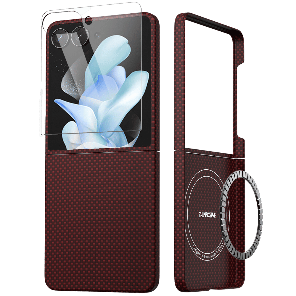 Split shot of crimson red carbon fiber grain Samsung Galaxy Z Flip 8magnetic phone cover, equipped with built-in MagSafe charging ring and matching clear tempered glass outer screen film, foldable flip phone case isolated on transparent checkered background