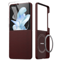Split shot of crimson red carbon fiber grain Samsung Galaxy Z Flip magnetic phone cover, equipped with built-in MagSafe charging ring and matching clear tempered glass outer screen film, foldable flip phone case isolated on transparent checkered background