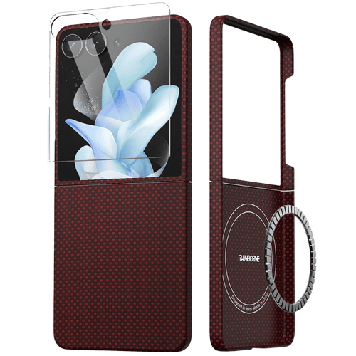 Split shot of crimson red carbon fiber grain Samsung Galaxy Z Flip magnetic phone cover, equipped with built-in MagSafe charging ring and matching clear tempered glass outer screen film, foldable flip phone case isolated on transparent checkered background