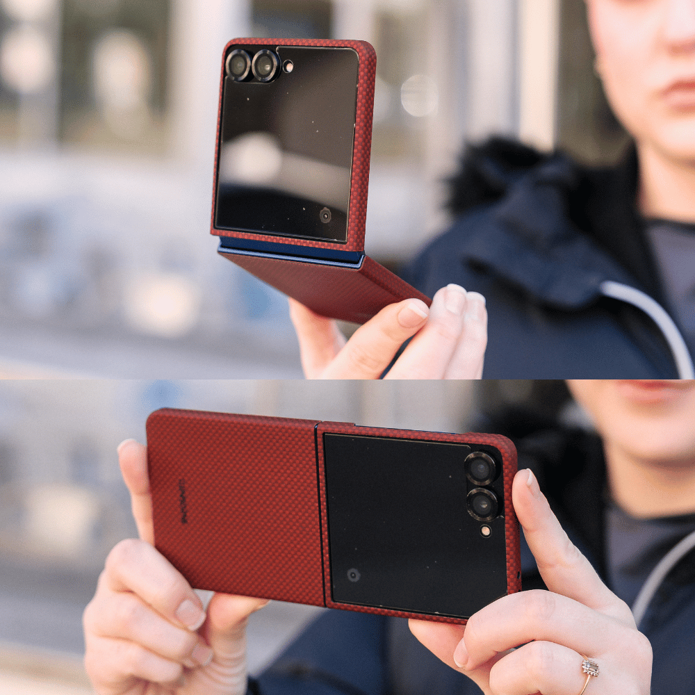 Two-scene lifestyle photo set, hands displaying Samsung Galaxy Z Flip 8 fitted with scarlet red carbon fiber textured foldable phone case, two holding angles to show front outer screen and rear back panel, outdoor blurred street background real-life usage shot