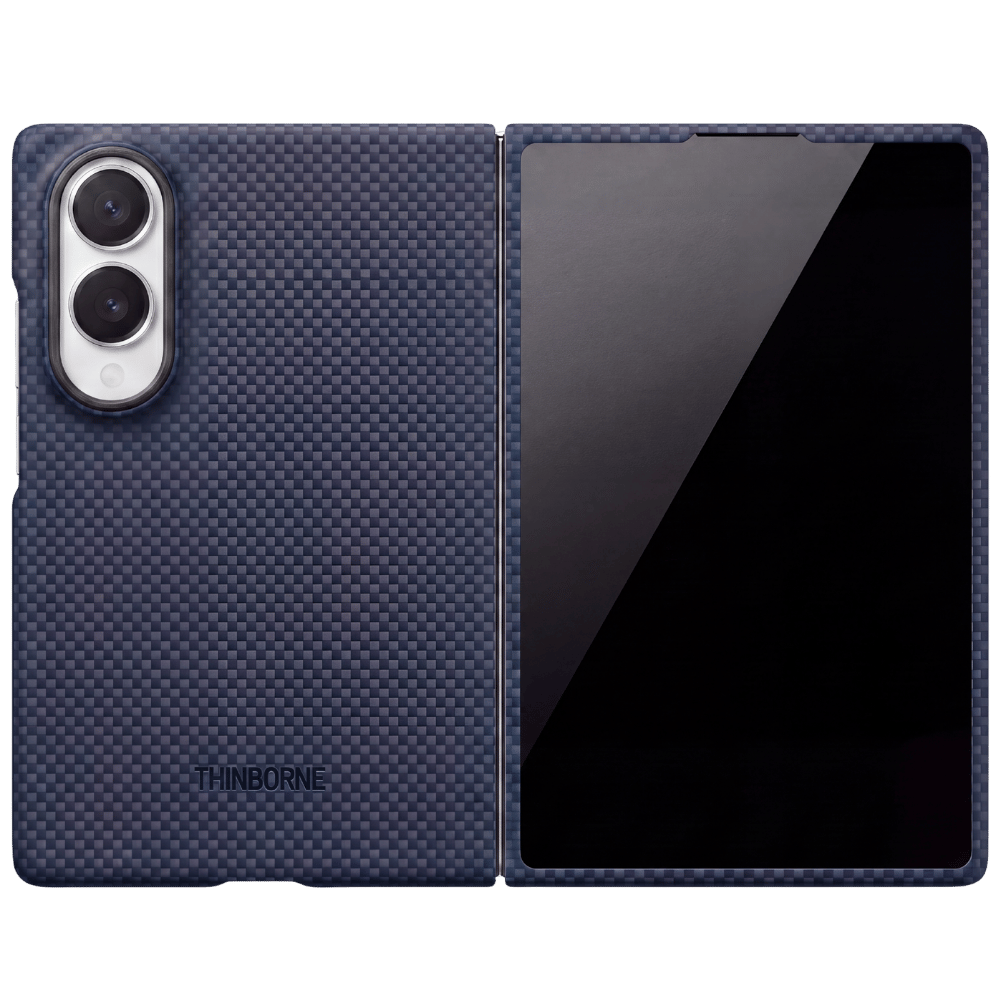 A Thinborne carbon fiber-textured galaxy z fold 8 phone case shown open, displaying both the dark blue textured back cover with a camera cutout and the black glossy front screen insert, set against a solid green background.