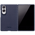 A Thinborne carbon fiber-textured galaxy z fold 8 phone case shown open, displaying both the dark blue textured back cover with a camera cutout and the black glossy front screen insert, set against a solid green background.