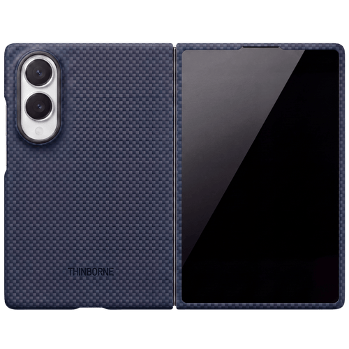 A Thinborne carbon fiber-textured galaxy z fold 8 phone case shown open, displaying both the dark blue textured back cover with a camera cutout and the black glossy front screen insert, set against a solid green background.