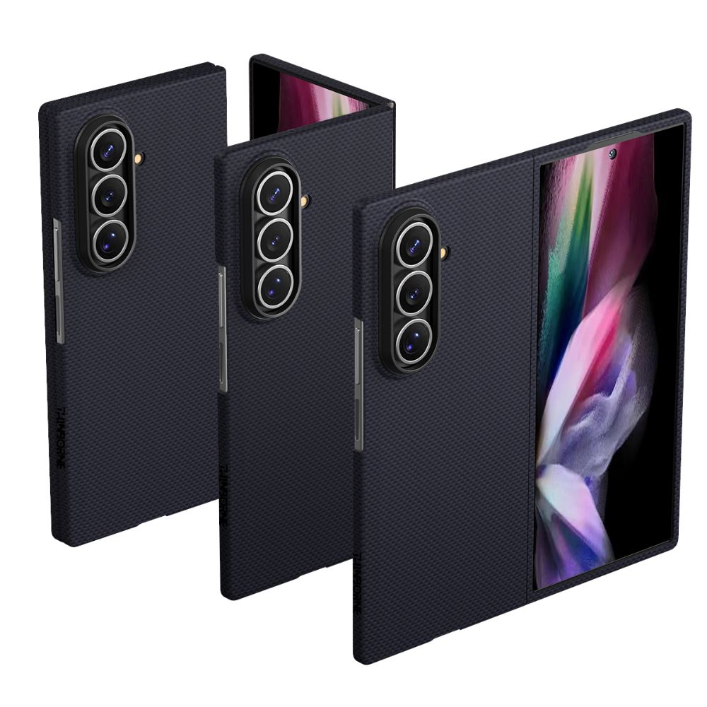 Three views of a black galaxy z fold 8 case case for a folding smartphone, shown on a clean white background. One view shows the phone folded open with the colorful screen active, while the other two show the phone closed from the back and side profiles.