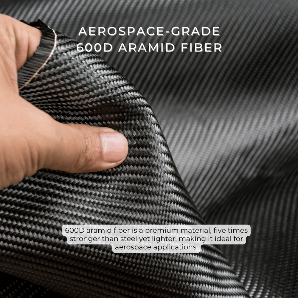 Close-up of a hand holding and folding black 600D aramid fiber fabric, with white text overlay reading 'AEROSPACE-GRADE 600D ARAMID FIBER' and a smaller descriptive text box below.