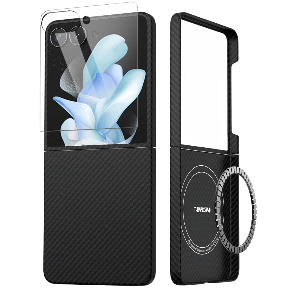 A carbon fiber galaxy z flip 7 case , shown in two views: one with the screen protector partially applied and one showing the back with a circular magnetic ring accessory. 