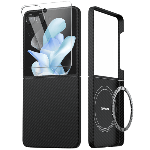 A carbon fiber galaxy z flip 7 case , shown in two views: one with the screen protector partially applied and one showing the back with a circular magnetic ring accessory. 