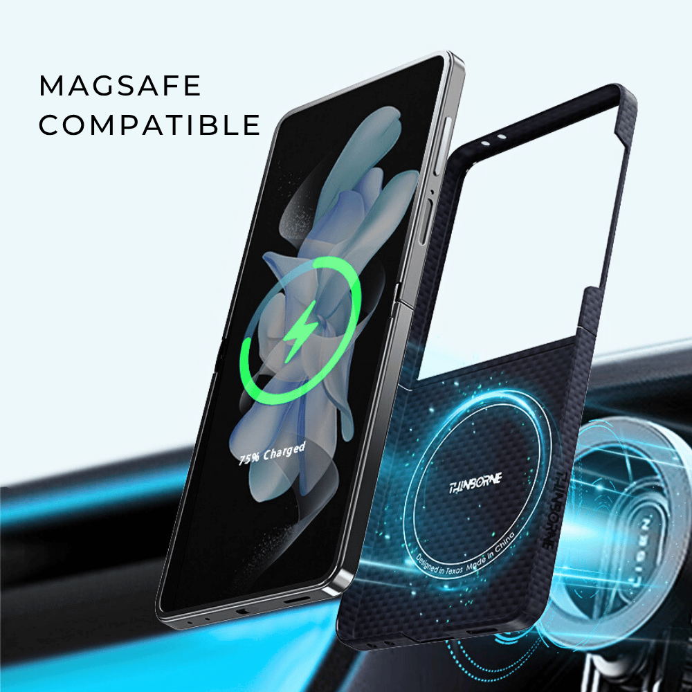 A navy  MagSafe-compatible galaxy z flip 7 case shown beside a smartphone, with glowing blue charging graphics and the text 'MAGSAFE COMPATIBLE' on a light background.