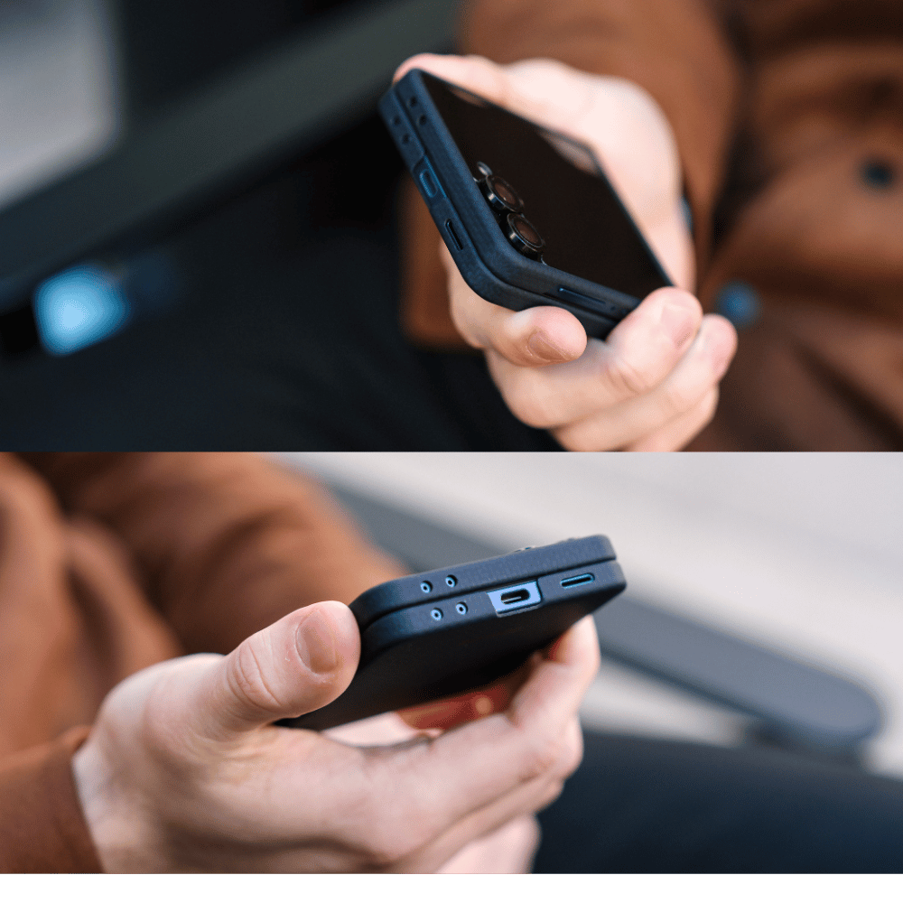 A close-up split view of a person holding a galaxy z flip 7 case, showing the side profile with camera cutouts and charging ports in two stacked panels.