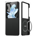 A carbon fiber galaxy z flip 8 case , shown in two views: one with the screen protector partially applied and one showing the back with a circular magnetic ring accessory. 