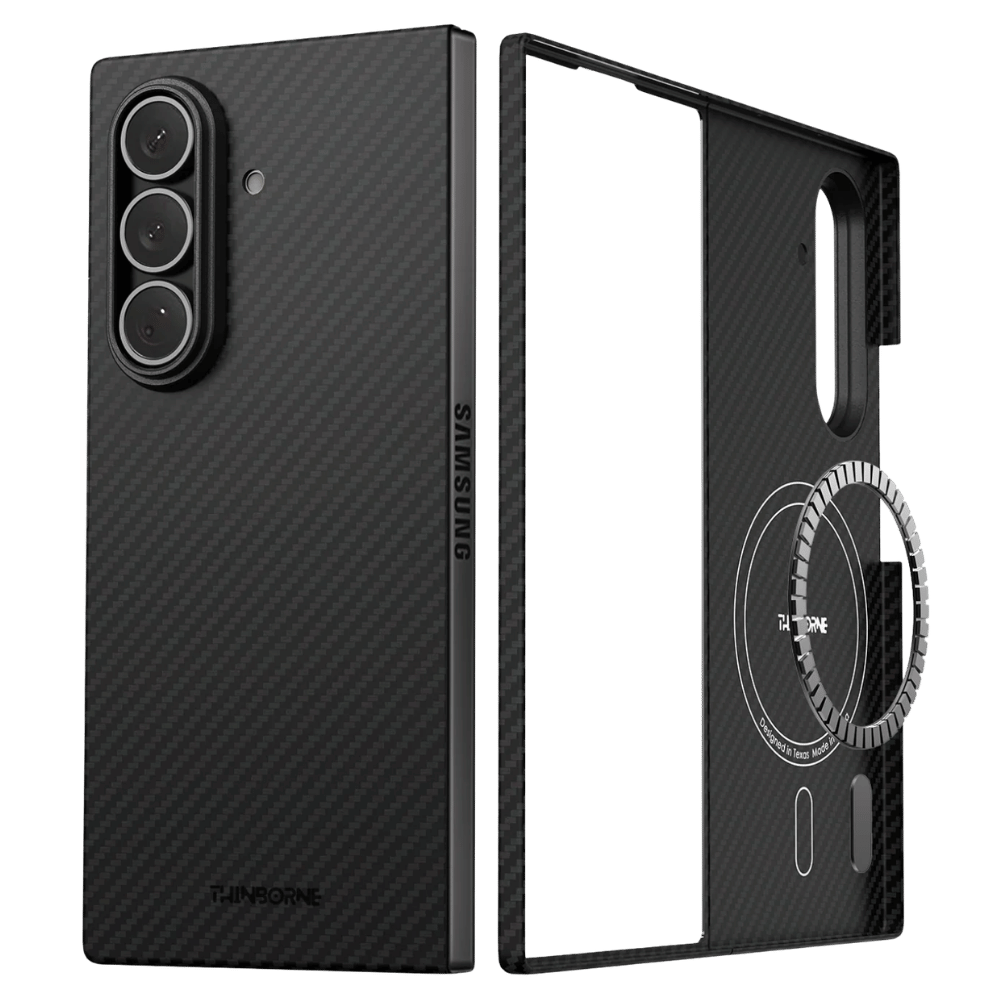 A carbon fiber galaxy z fold 8 ultra phone case shown from the back and side, with a circular magnetic ring and kickstand detail, displayed on a clean white background.