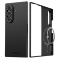 A carbon fiber galaxy z fold 8 ultra phone case shown from the back and side, with a circular magnetic ring and kickstand detail, displayed on a clean white background.