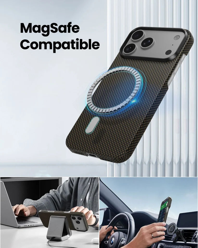 MagSafe compatible Thinborne brown checkered iPhone 18 Pro Max aramid case, wireless charging, desk and car mount demo
