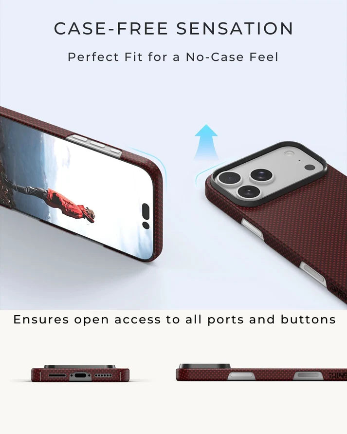 Thinborne crimson aramid fiber iPhone 18 Pro Case, case-free sensation, precise cutouts for ports & buttons