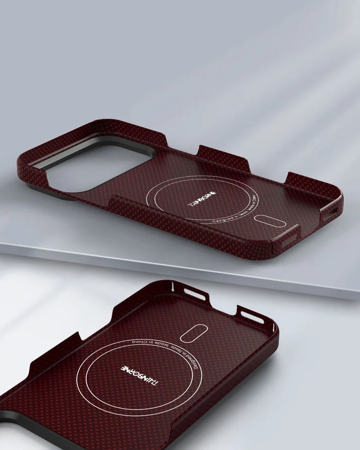 Inner view of Thinborne crimson iPhone 18 Pro Case, built-in MagSafe ring, aramid fiber back shell