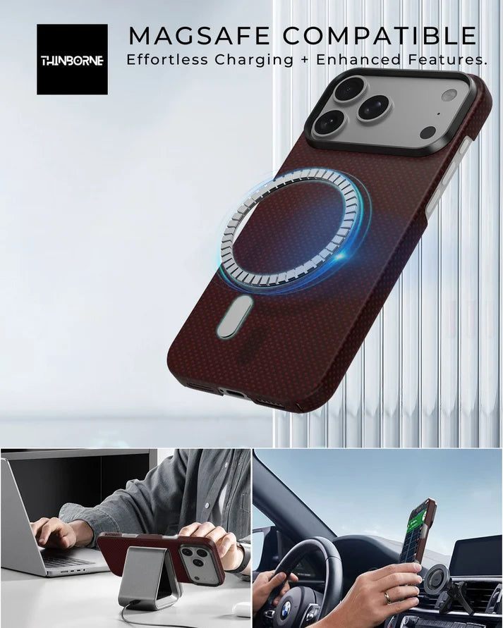 MagSafe compatible Thinborne crimson iPhone 18 Pro Case, wireless charging for desk stand & car mount