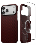 Thinborne crimson aramid fiber iPhone 18 Pro Case, magnetic protective shell with screen protector, white background