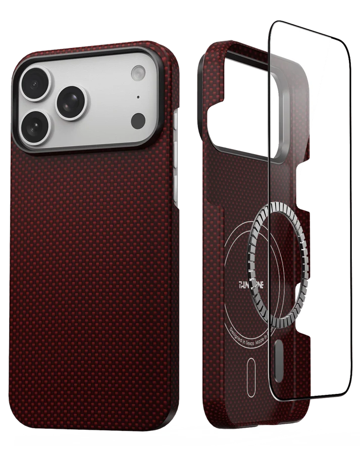 Thinborne crimson aramid fiber iPhone 18 Pro Case, magnetic protective shell with screen protector, white background