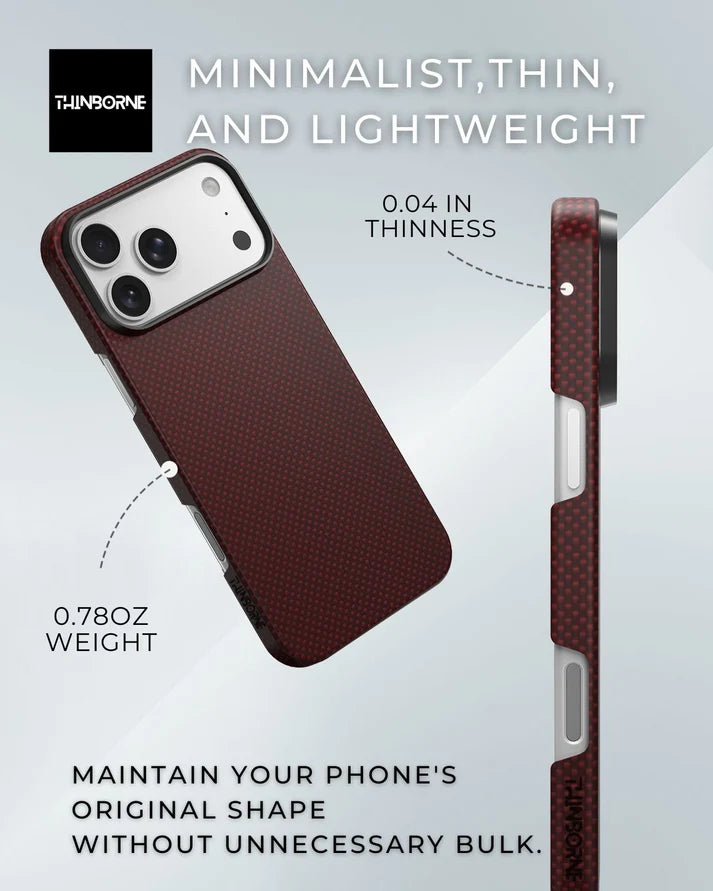 Thinborne iPhone 18 Pro Case, crimson aerospace aramid fiber, ultra thin 0.04in, lightweight 0.78oz design
