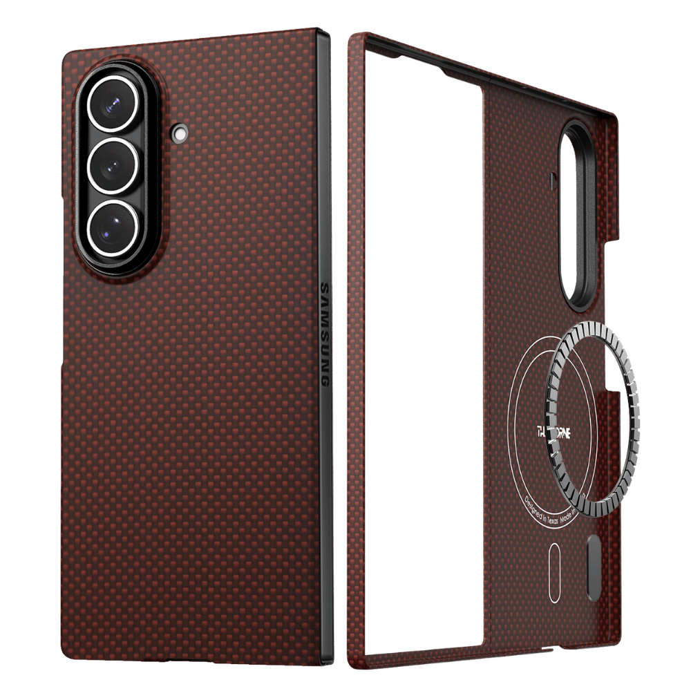 A crimson galaxy z fold 8 ultra phone case shown from the back and side, featuring a circular magnetic ring accessory on the side, displayed against a solid green background.