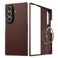 A crimson galaxy z fold 8 ultra phone case shown from the back and side, featuring a circular magnetic ring accessory on the side, displayed against a solid green background.