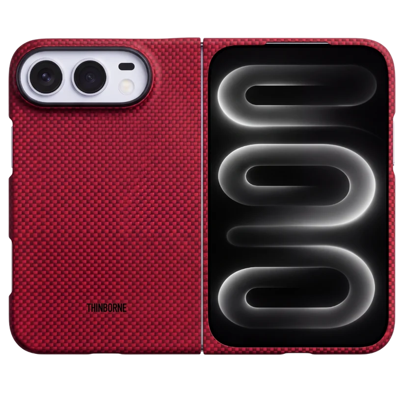 Thinborne iPhone Duo Case, crimson red aramid fiber foldable phone case, carbon fiber texture protective cover for iPhone Duo fold smartphone