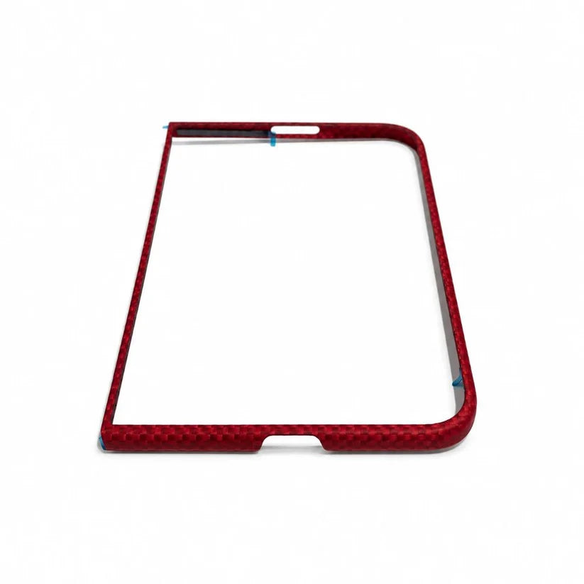 iPhone Duo Case front frame in crimson red, thin aramid fiber split frame, lightweight border protector for iPhone Duo foldable smartphone