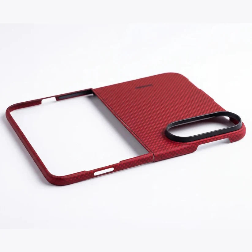 Thinborne split iPhone Duo foldable case in crimson red, aramid fiber hard cover, separated protective shell with precise camera cutout