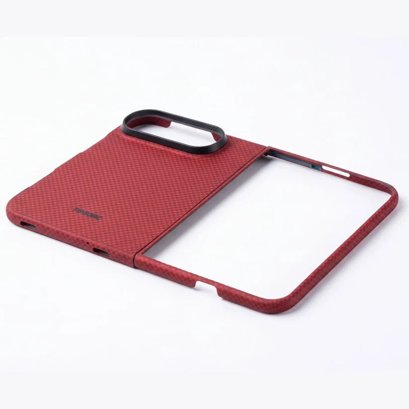 Split two-piece iPhone Duo aramid fiber case in crimson red, disassembled foldable phone protective shell with precise cutouts, white background
