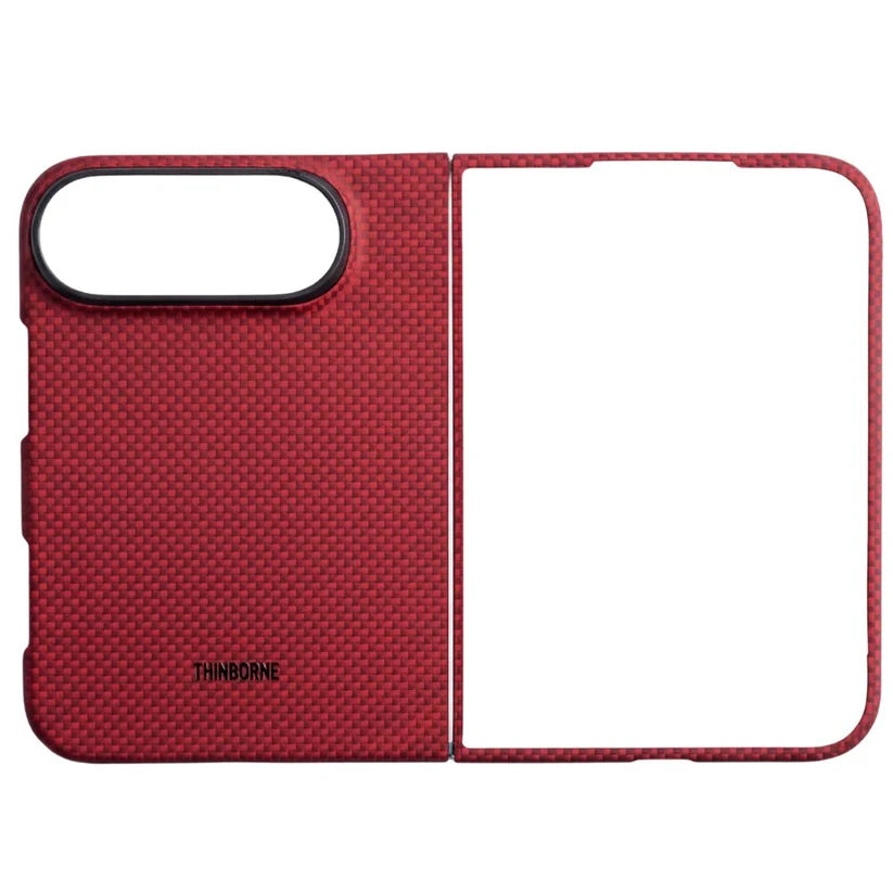 Thinborne iPhone Duo Case set in crimson red, two-piece split aramid fiber shell, full front and back protection for iPhone Duo foldable phone