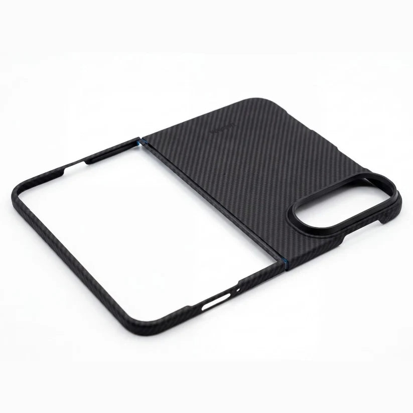 Split two-piece iPhone Duo Aramid Fiber Case, disassembled foldable phone protective shell white background